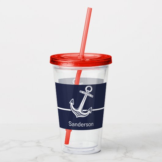 Custom Nautic Anchor Ocean Navy Blue Acryltrinkbecher (Rückseite)