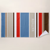Custom Nautic Blue Dark Brown Red White Stripes Strandtuch (Vorderseite)