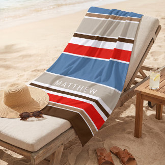 Custom Nautic Blue Dark Brown Red White Stripes Strandtuch