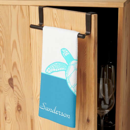 Custom Nautic Coastal Sea Schildkröte Blau Aquamar Geschirrtuch (Drittel gefaltet)