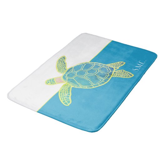 Custom Nautic Coastal Sea Turtle Aquamarin Blue Badematte (Schrägansicht)