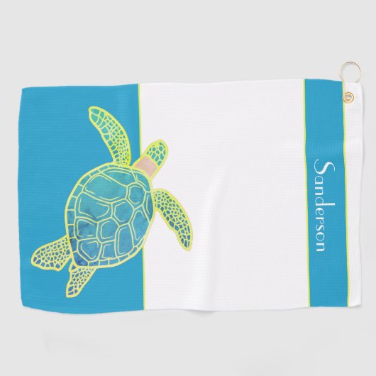 Custom Nautic Coastal Sea Turtle Aquamarin Blue Golfhandtuch (Horizontal)