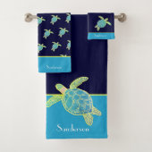 Custom Nautic Coastal Sea Turtle Aquamarin Blue Na Badhandtuch Set (Insitu)