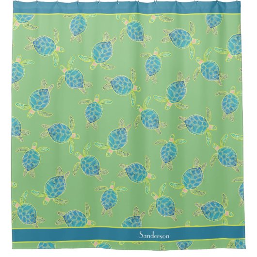 Custom Nautic Coastal Sea Turtle Green Blue Duschvorhang (Vorderseite)