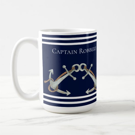 Custom Nautic White Navy Blue Anchors Kaffeetasse (Links)