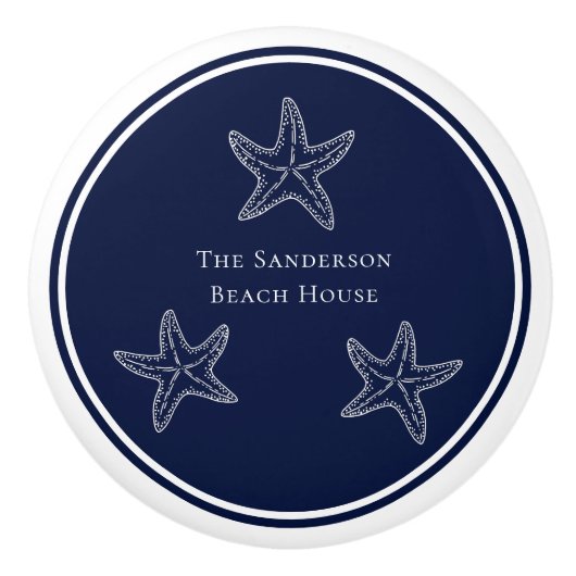 Custom Nautic White Navy Blue Starfish Beach Keramikknauf (Vorderseite)