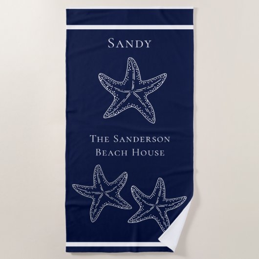 Custom Nautic White Navy Blue Starfish Beach T Strandtuch (Vorderseite)