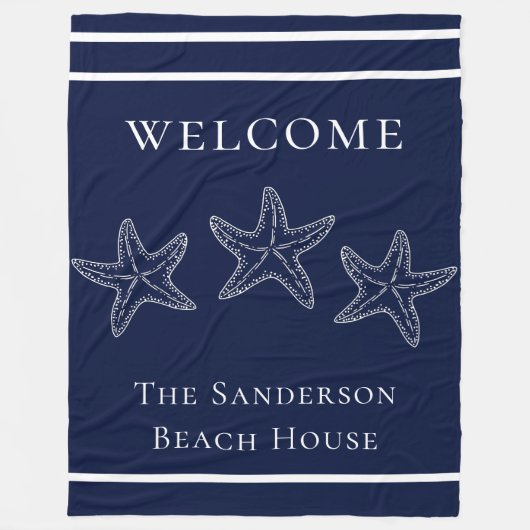 Custom Nautic White Navy Blue Starfish Fleecedecke (Vorderseite)