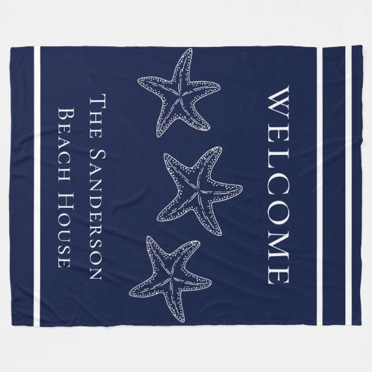 Custom Nautic White Navy Blue Starfish Fleecedecke (Vorderseite (Horizontal))