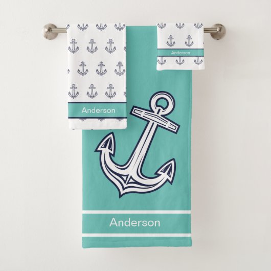 Custom Nautical Anchor Bad Aquamarin White Blue Badhandtuch Set (Insitu)