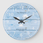 Custom Nautical Blue Wood Beach House Große Wanduhr (Vorderseite)