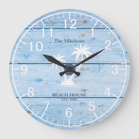 Custom Nautical Blue Wood Beach House Große Wanduhr (Vorderseite)