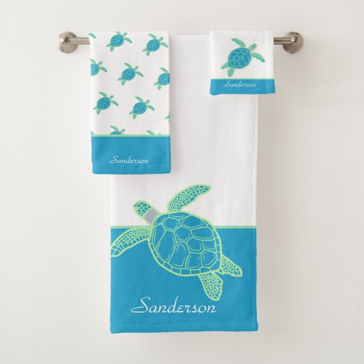 Custom Nautical Coastal Sea Turtle Blue and Grau Badhandtuch Set (Insitu)