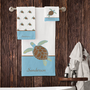 Custom Nautical Coastal Sea Turtle Blue and Grau Badhandtuch Set