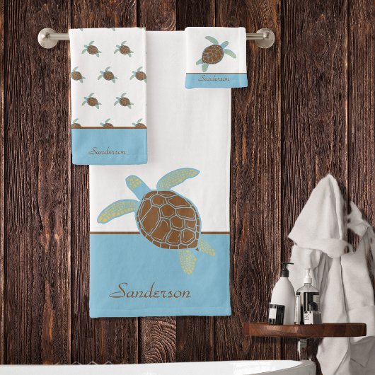 Custom Nautical Coastal Sea Turtle Blue and Grau Badhandtuch Set
