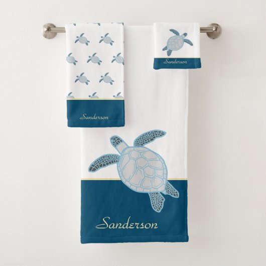 Custom Nautical Coastal Sea Turtle Blue and Grau Badhandtuch Set (Insitu)