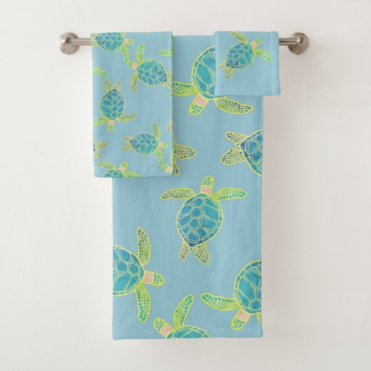 Custom Nautical Coastal Sea Turtle Dusty Blue Badhandtuch Set (Insitu)