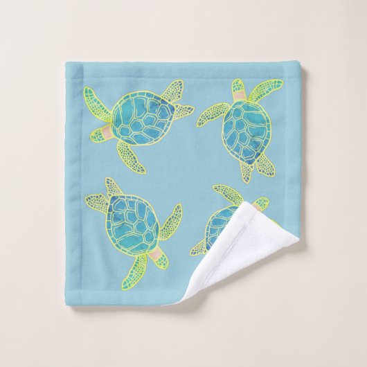 Custom Nautical Coastal Sea Turtle Dusty Blue Badhandtuch Set (Waschlappen)