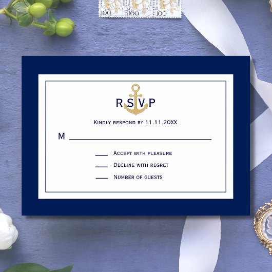 Custom Nautical Navy Blue Gold Anchor UAWG Wedding RSVP Karte