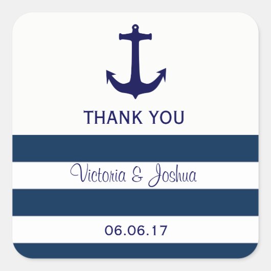 Custom Nautical Navy Blue Stripes Anchor Hochzeit Quadratischer Aufkleber (Vorderseite)