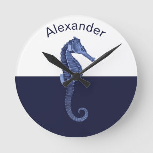 Custom Nautical Seepferd Navy Blue Ocean Beach  Runde Wanduhr