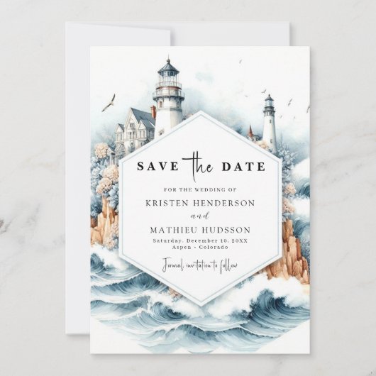 Custom Nautical Style Lighthouse Wedding Save The Date (Vorderseite)