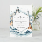 Custom Nautical Style Lighthouse Wedding Save The Date (Stehend Vorderseite)