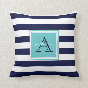 CUSTOM Navy Aqua Mit Monogramm Awnstreifen Kissen