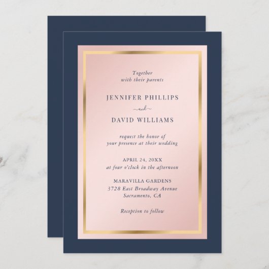Custom Navy Blue Blush and Gold Wedding Einladung (Vorne/Hinten)