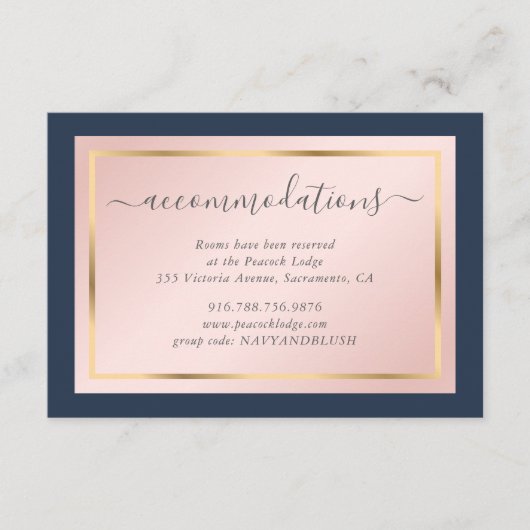 Custom Navy Blue Blush Gold Hochzeitsunterkunft Begleitkarte (Vorderseite)
