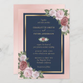 Custom Navy Blue Blush Pink Gold Floral Hochzeit Einladung (Vorne/Hinten)