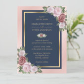 Custom Navy Blue Blush Pink Gold Floral Hochzeit Einladung (Stehend Vorderseite)