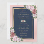 Custom Navy Blue Blush Pink Gold Floral Hochzeit Einladung (Vorderseite)