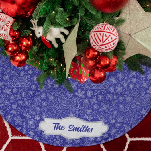 Custom Navy Blue Doodle Weihnachts-Schlitten-Muste Polyester Weihnachtsbaumdecke