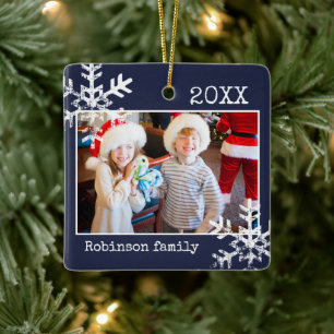 Custom Navy Blue Foto Ornament mit Schneeflocken