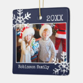 Custom Navy Blue Foto Ornament mit Schneeflocken (Links)