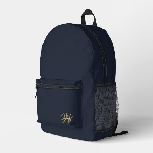 Custom Navy Blue Gold Initial Monogram Boy Sport Bedruckter Rucksack (Rückseitige Ecke Rechts)