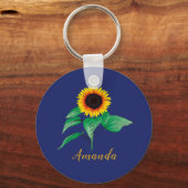 Custom Navy Blue Gold Script Watercolor Sonnenblum Schlüsselanhänger (Vorderseite)