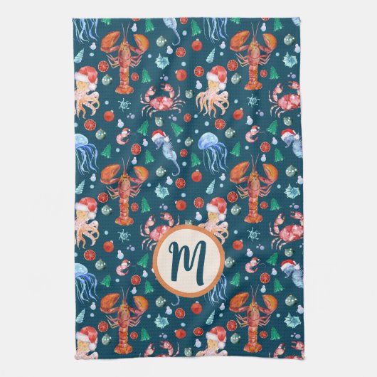 Custom Navy Blue Lobster Crustaceanco Holiday Geschirrtuch (Vertikal)