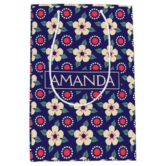 Custom Navy Blue mit Creme Blume Geschenktasche Mittlere Geschenktüte (Vorderseite)