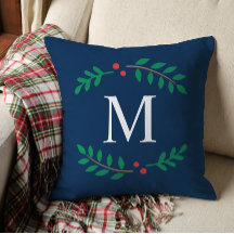 Custom Navy Blue Monogram Laurel Wreath Holiday