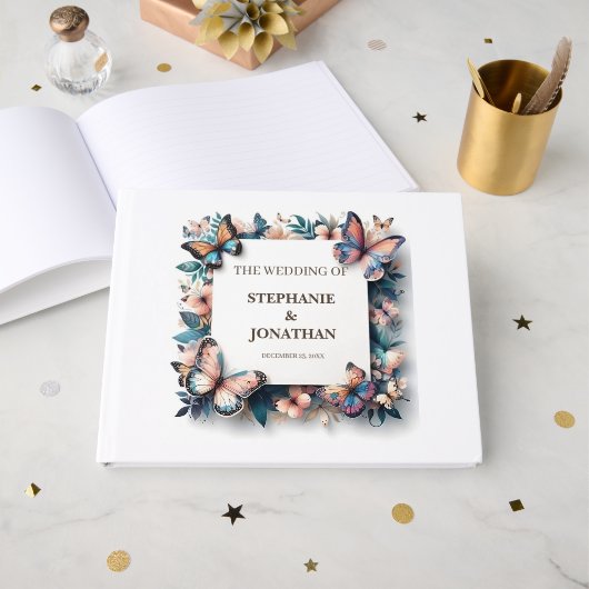 Custom Navy Blue Rustic Wedding Guest Book Gästebuch (Vorderseite Offen)