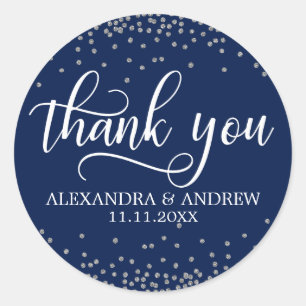 Custom Navy Blue Silver Confetti Wedding Vielen Da Runder Aufkleber