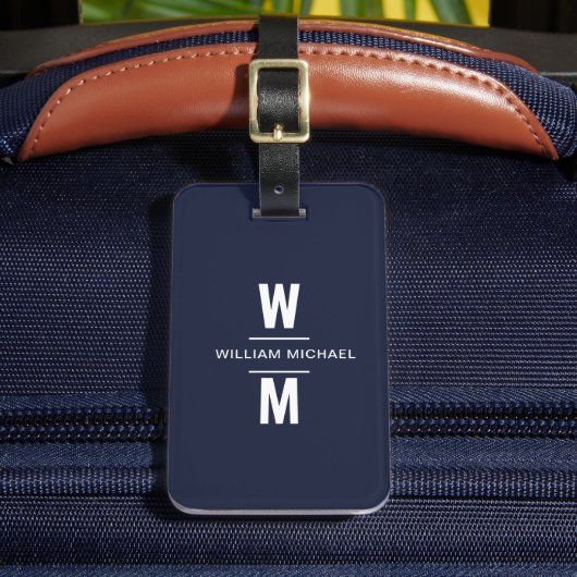 Custom Navy Blue Simple Modern Minimal Monogram Gepäckanhänger (Vorderseite Insitu 2)