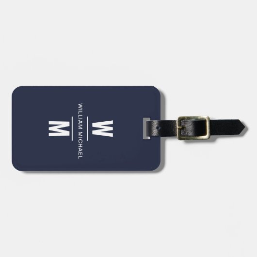 Custom Navy Blue Simple Modern Minimal Monogram Gepäckanhänger (Vorderseite horizontal)