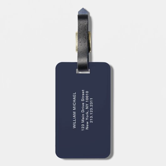 Custom Navy Blue Simple Modern Minimal Monogram Gepäckanhänger (Rückseite vertikal)