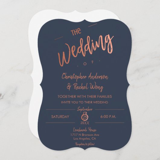 Custom Navy Blue Simple Script Rose Gold Wedding Einladung (Vorne/Hinten)