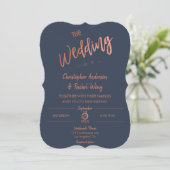 Custom Navy Blue Simple Script Rose Gold Wedding Einladung (Stehend Vorderseite)