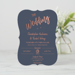 Custom Navy Blue Simple Script Rose Gold Wedding Einladung