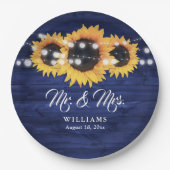 Custom Navy Blue Sunflower Rustic Wood Wedding Pappteller (Vorderseite)
